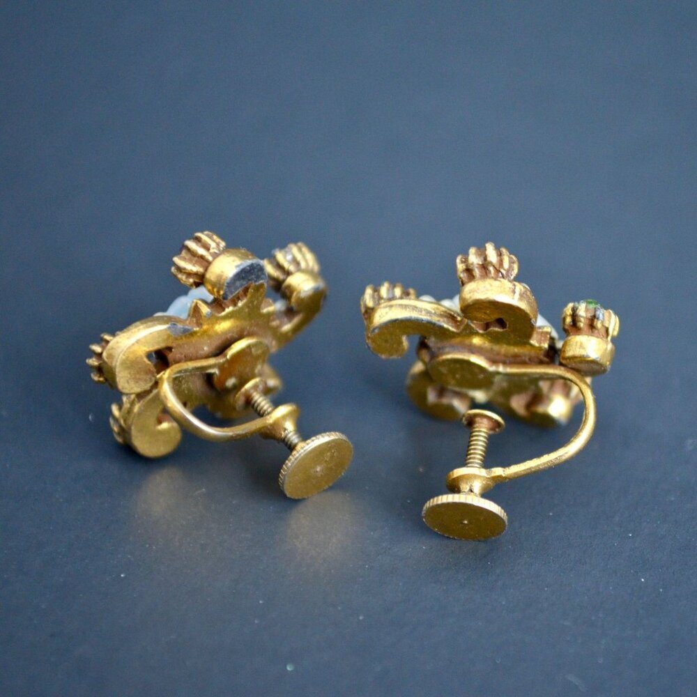 Vintage Colorful Rhinestone Gold Toned Screw Back Earrings - Picture 3 of 4